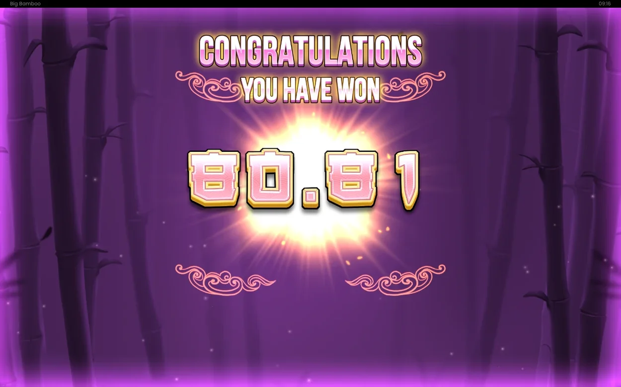 Vinstskärm med texten Congratulations You Have Won och summan 80.81 mot lila bambubakgrund.