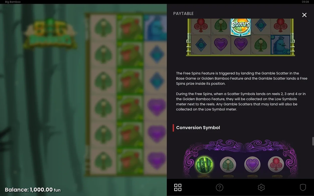 Regelruta visar Bonus-symbolen, free spins-text och rubriken Konverteringssymbol med lila virvelgrafik.
