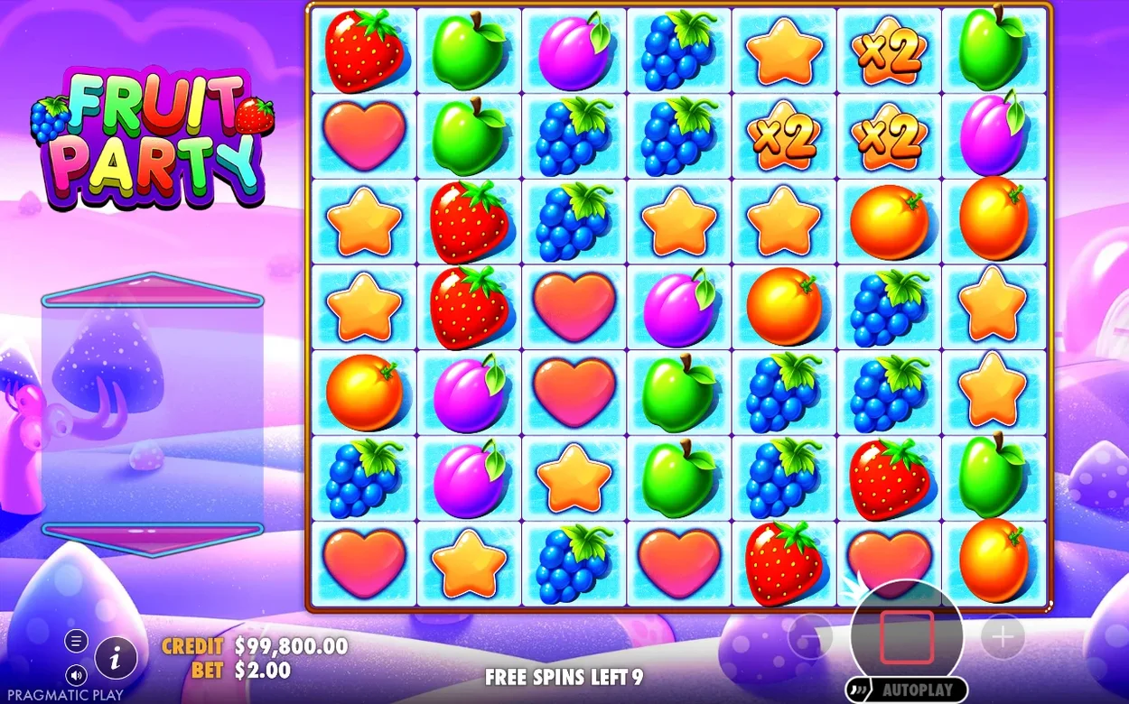 Free spins-läge på lila nattbakgrund med fruktrutnät, x2-multiplikatorer och 9 frisnurr kvar.