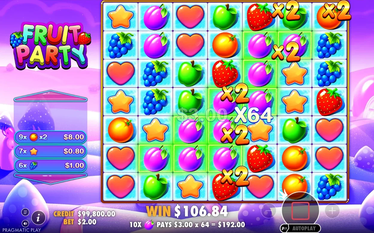 Vinstruta under free spins visar en X64-multiplikator på ett plommonkluster, vinst $106.84.