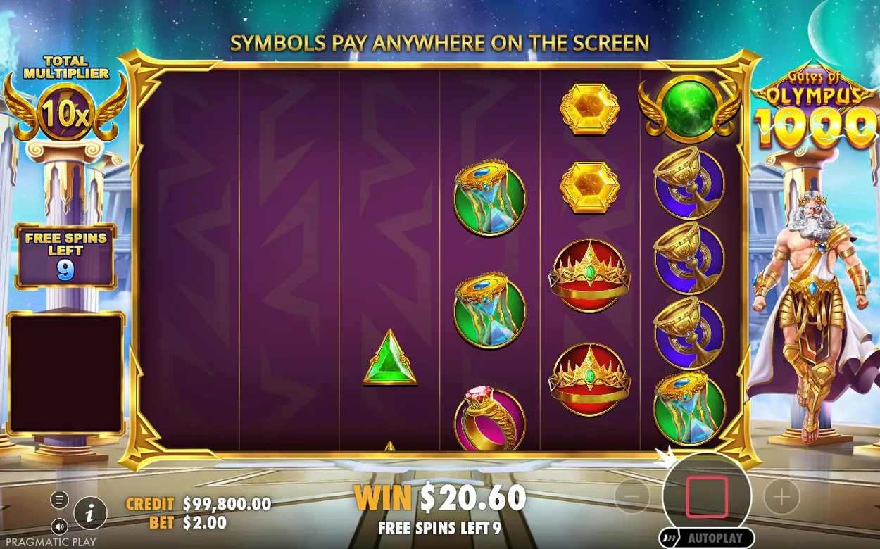 Free spins med Total Multiplier 10x, 9 spinn kvar och vinst $20.60 bland krona-, timglas- och bägarsymboler.