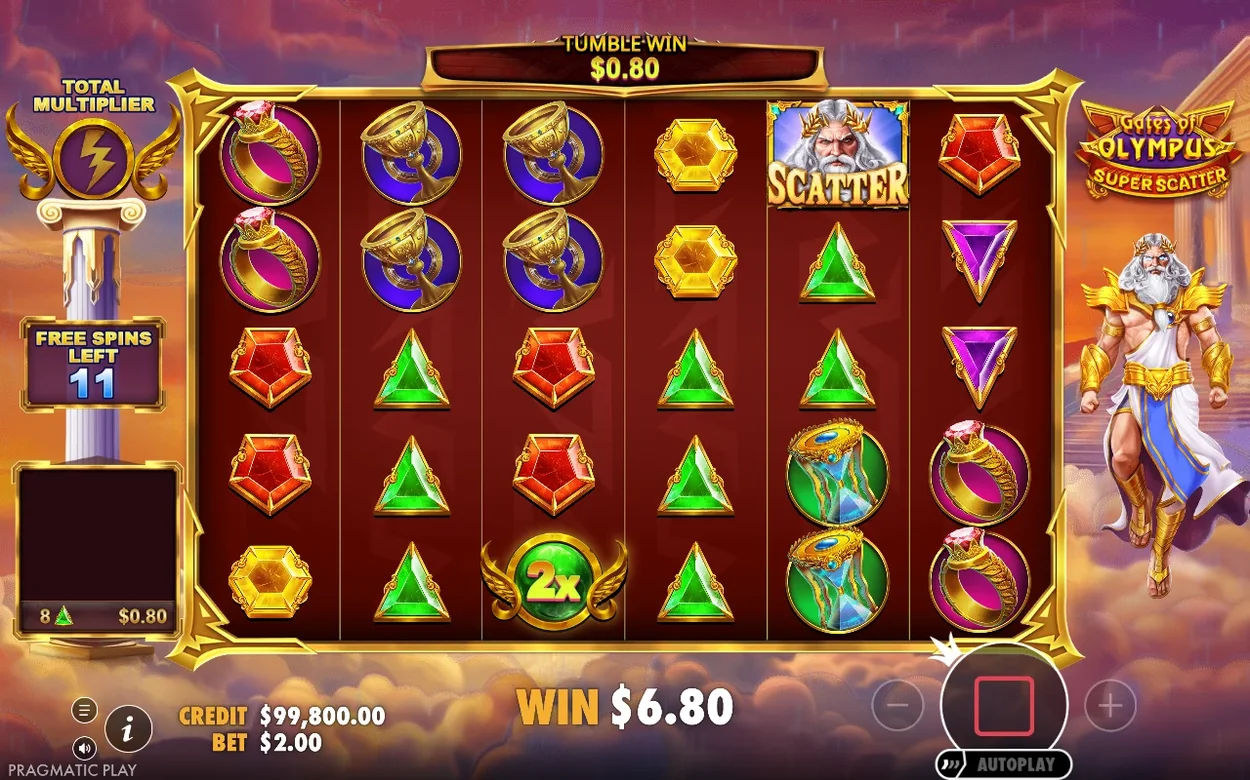 Frispel med Scatter-symbol och 2x-multiplikatorklot, Tumble Win 0,80 dollar, vinst 6,80 dollar, 11 frispel kvar.