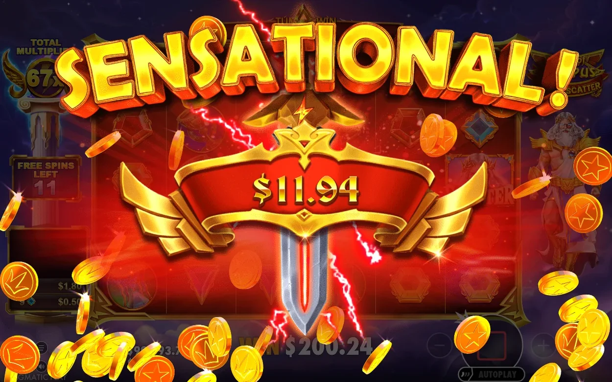 SENSATIONAL-vinst på 11,94 dollar under Super Free Spins, Total Multiplier 67x, 11 frispel kvar.