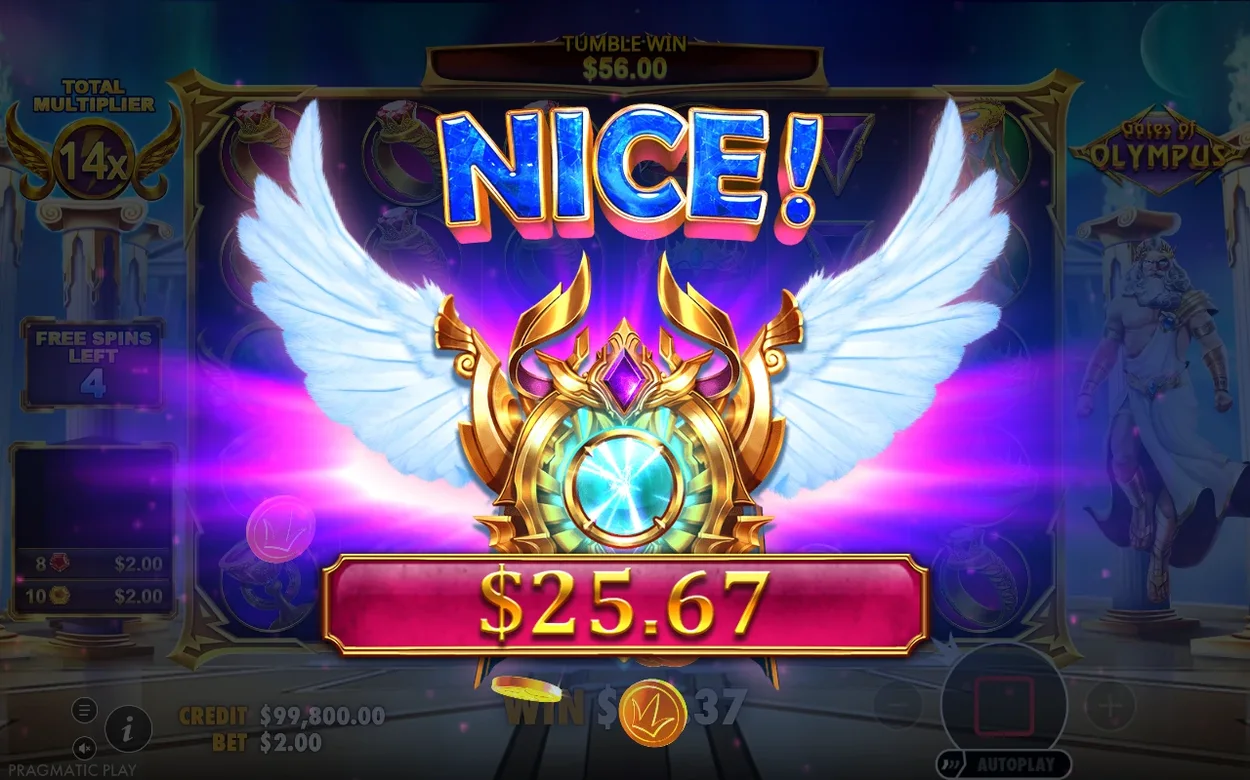 NICE!-skärmen visar total multiplier 14x, tumble win $56.00 och delvinst $25.67 med 4 free spins kvar.
