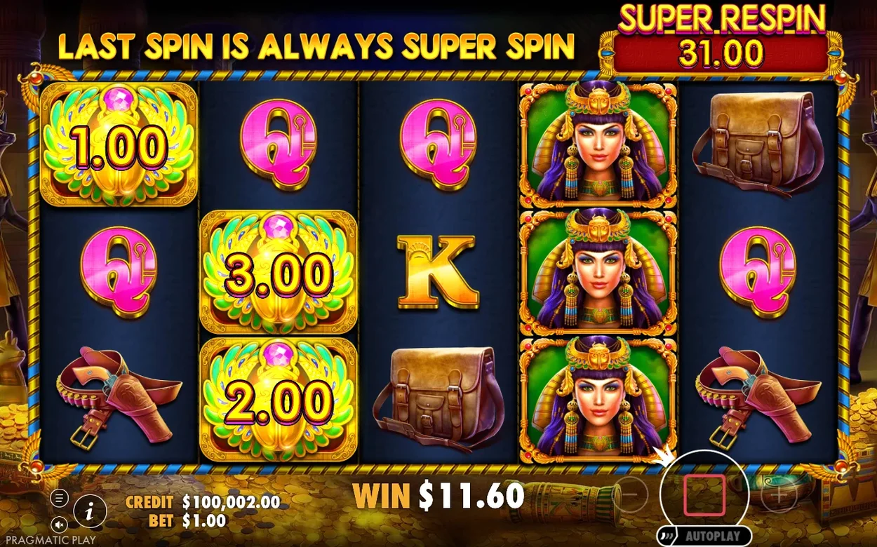 Sista snurran i free spins: Super Respin 31.00, Cleopatra-stack och myntsymboler ger vinst $11.60.
