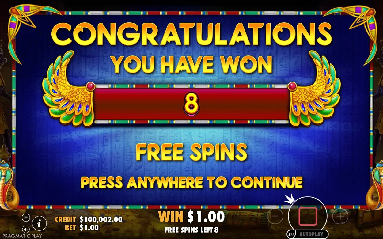Vinstskärm för free spins-utlösning visar '8 FREE SPINS' och aktuell vinst $1.00 innan rundan startar.