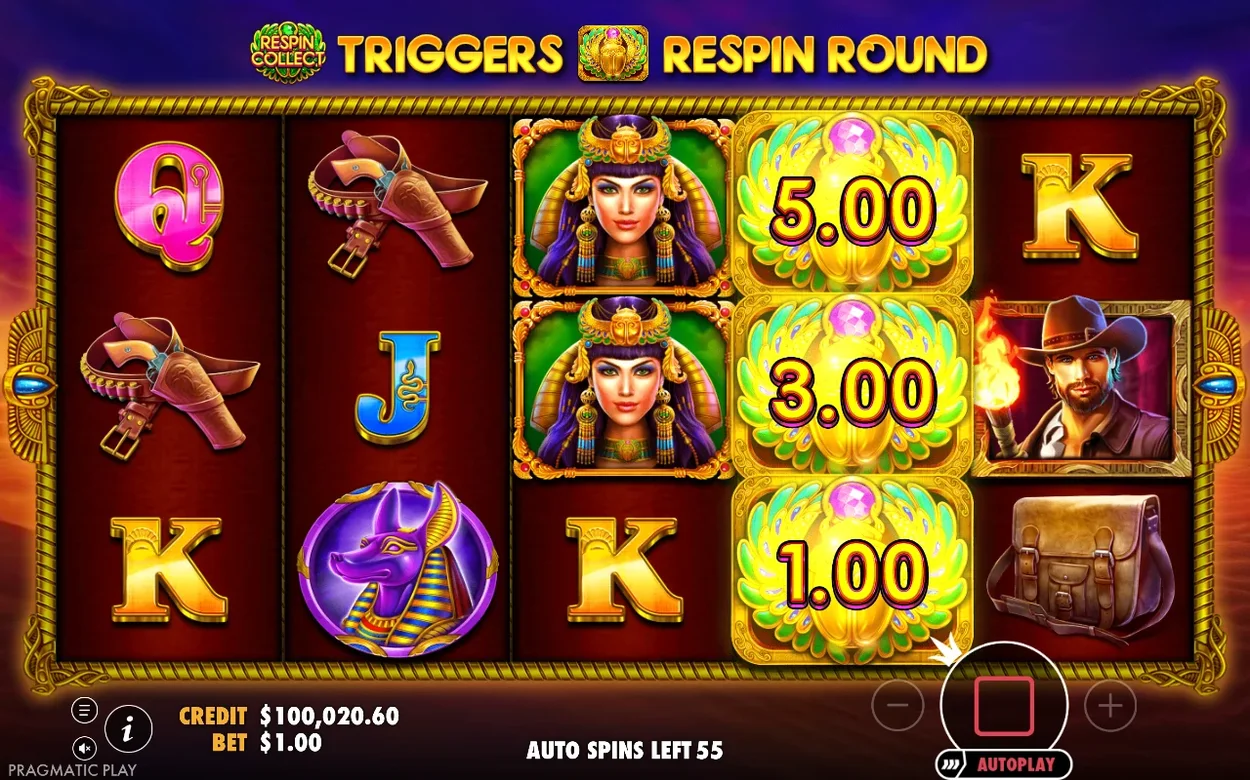 Respin Collect triggar respinrond; myntsymboler 5.00, 3.00, 1.00 låsta och Cleopatra fyller hjul 3.
