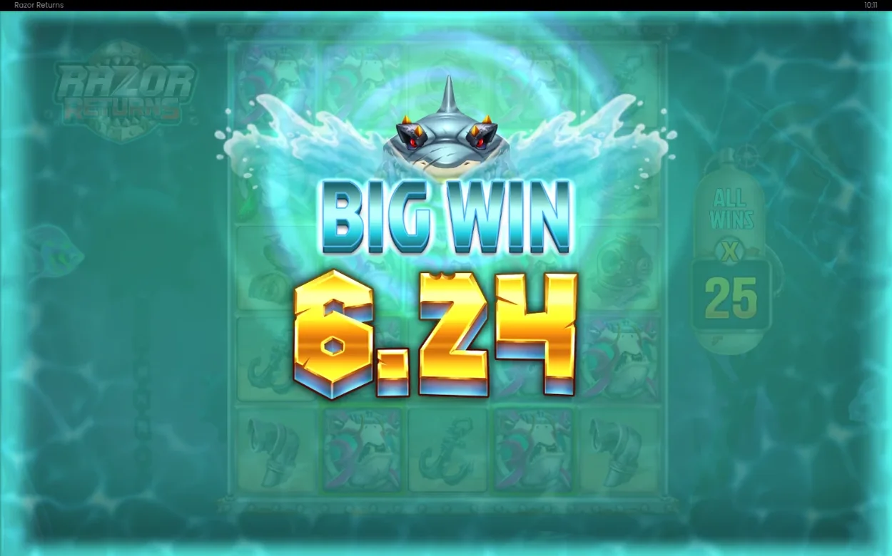 Skärmen visar BIG WIN 6.24 med ett hajhuvud i vattenstänk, multiplikatorn ALL WINS x25 syns till höger.