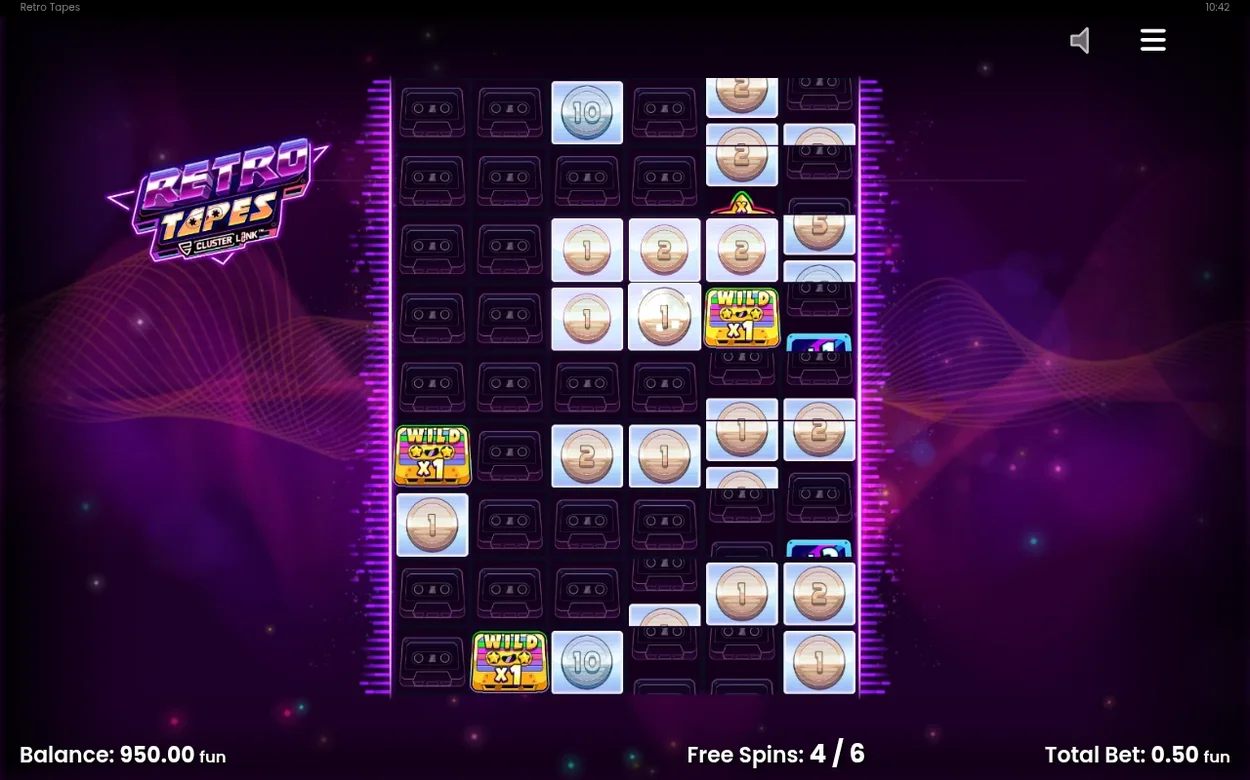 Free spins-rutnät med myntsymboler, en Wild x1-ruta och räknaren Free Spins: 4 / 6 nedtill.