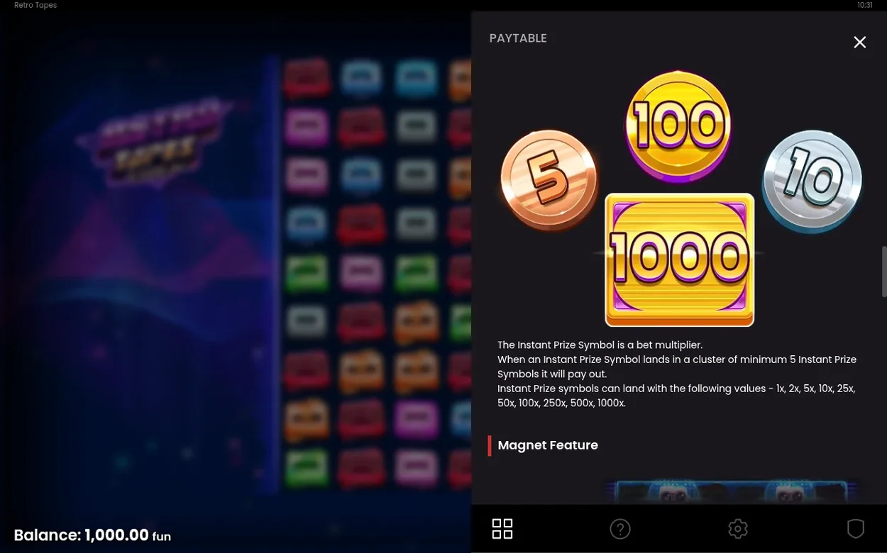 Paytable-ruta visar Instant Prize-symbolerna 5, 10, 100 och 1000, samt rubriken Magnet Feature.