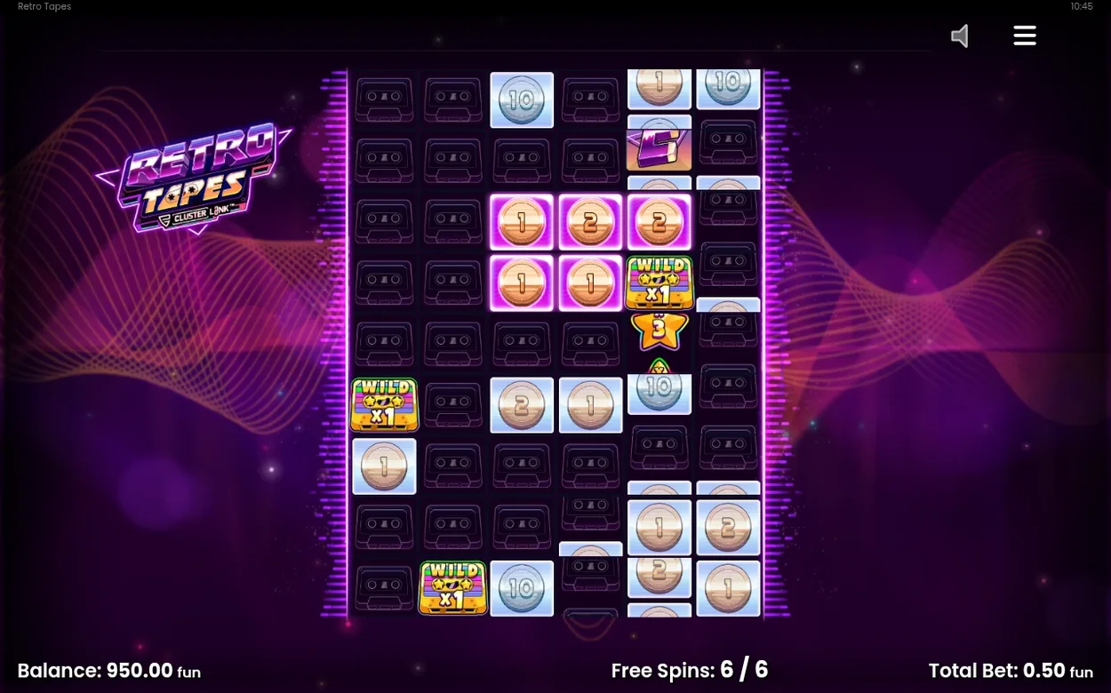 Free spins 6 av 6, rosa markerat kluster av myntsymboler bredvid Wild x1-rutor och en stjärna med 3.