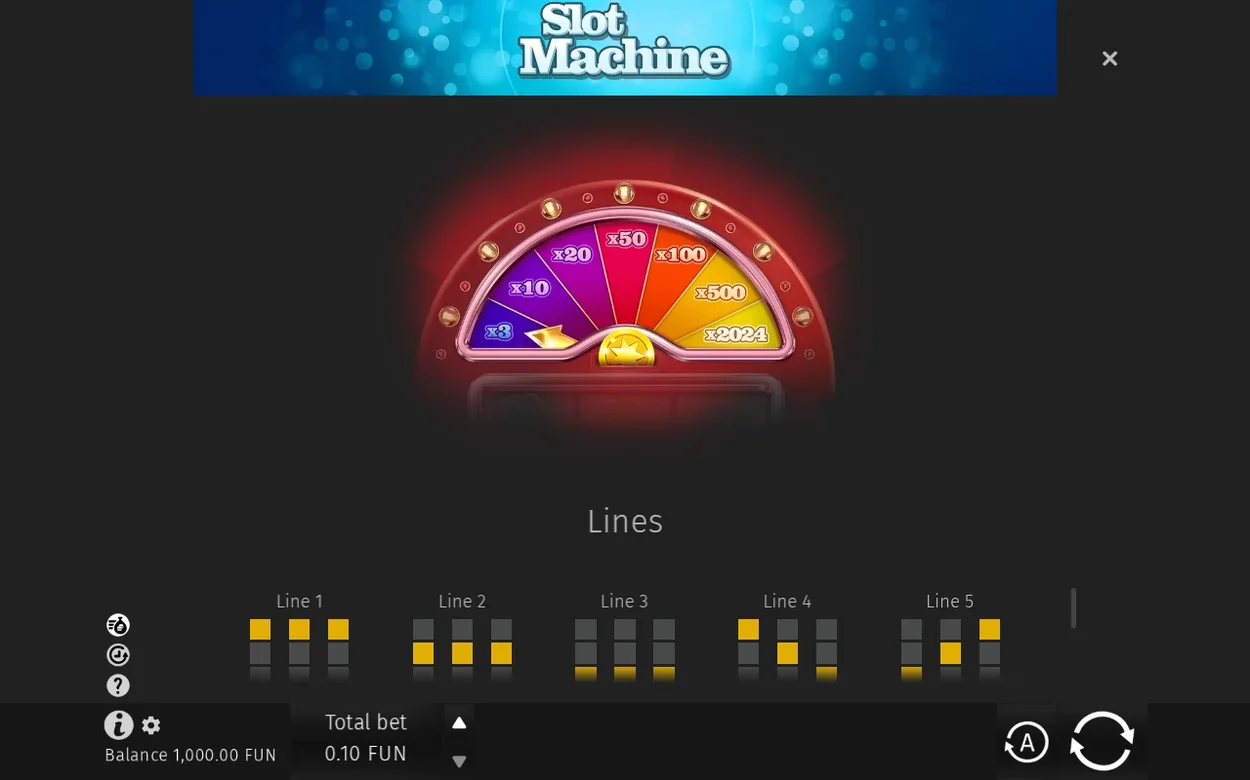 Bonushjulets multiplikatorer ovanför Lines-rubriken med fem numrerade vinstlinjediagram i rutnätet.