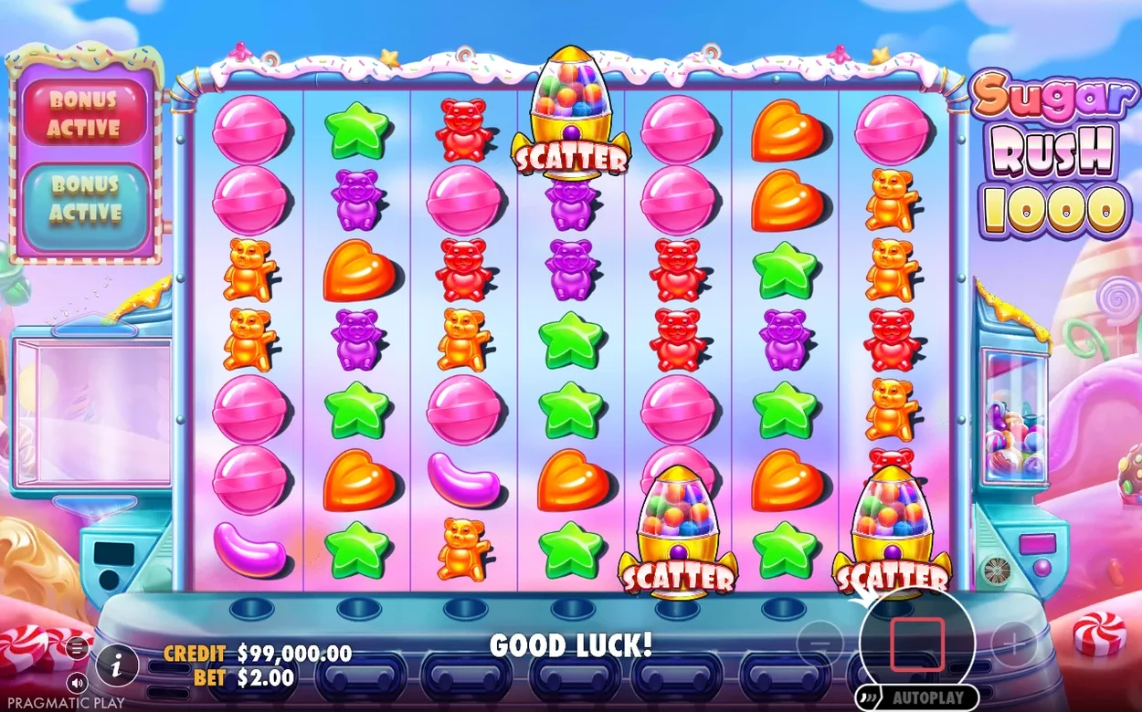 Sugar Rush 1000-rutnätet med tre scatter-symboler, Bonus Active-etiketter syns till vänster, insats $2.00.
