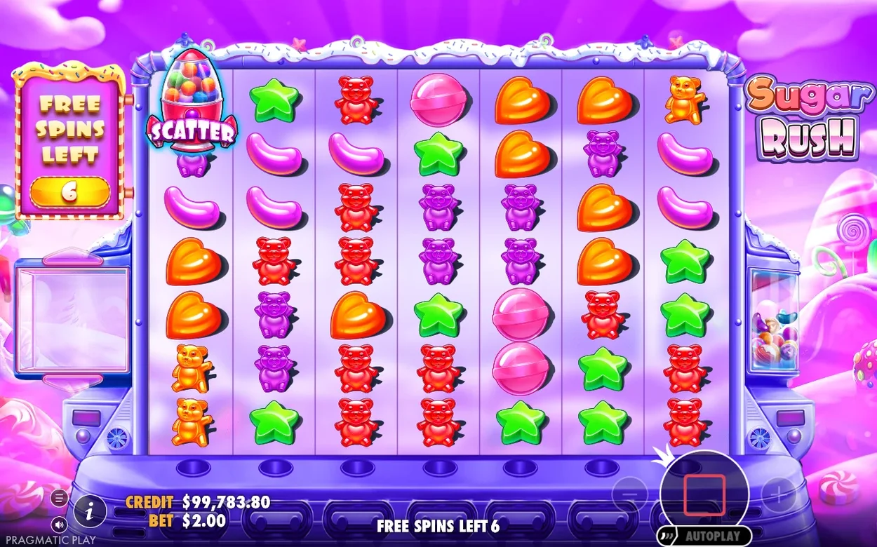 Free spins-rutnät med lila bakgrund, en scatter-symbol på första hjulet, 6 spins kvar.