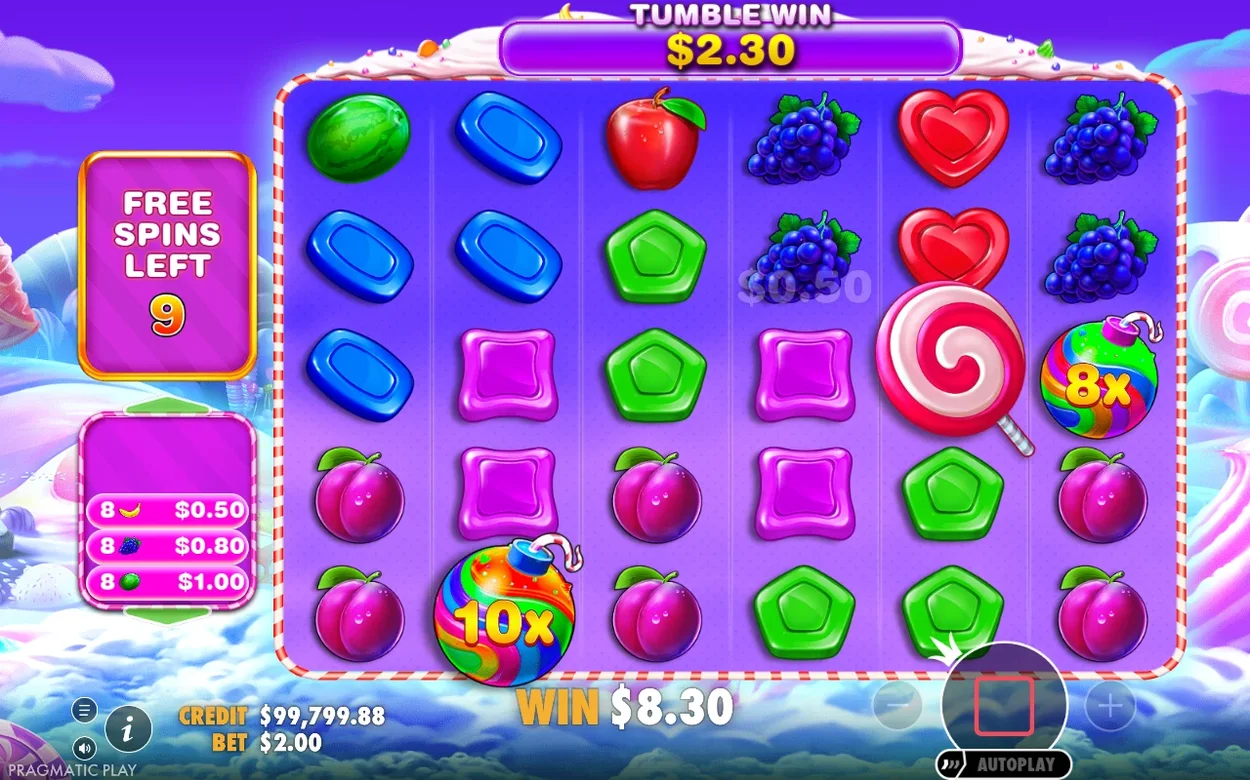 Under free spins syns en tumble-vinst på 2,30 dollar, bomber på 8x och 10x, 9 spinn kvar och vinst 8,30 dollar.