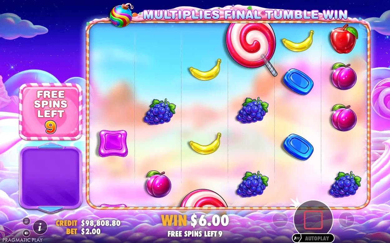 Free spins visar banderollen 'Multiplies final tumble win', 9 spins kvar och en lollipop i rutnätet, vinst 6,00 dollar.