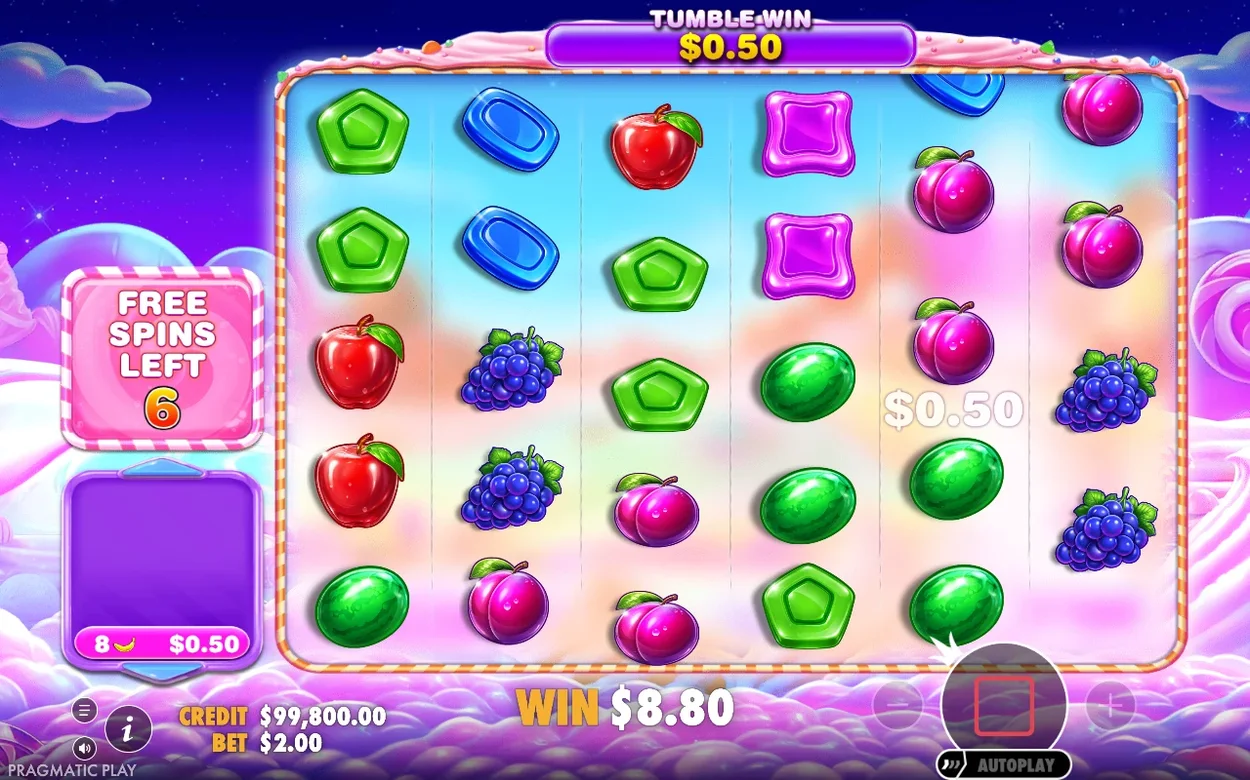 Tumble-vinst på 0,50 dollar visas, med 6 free spins kvar, banantaxa 8 symboler och total vinst 8,80 dollar.