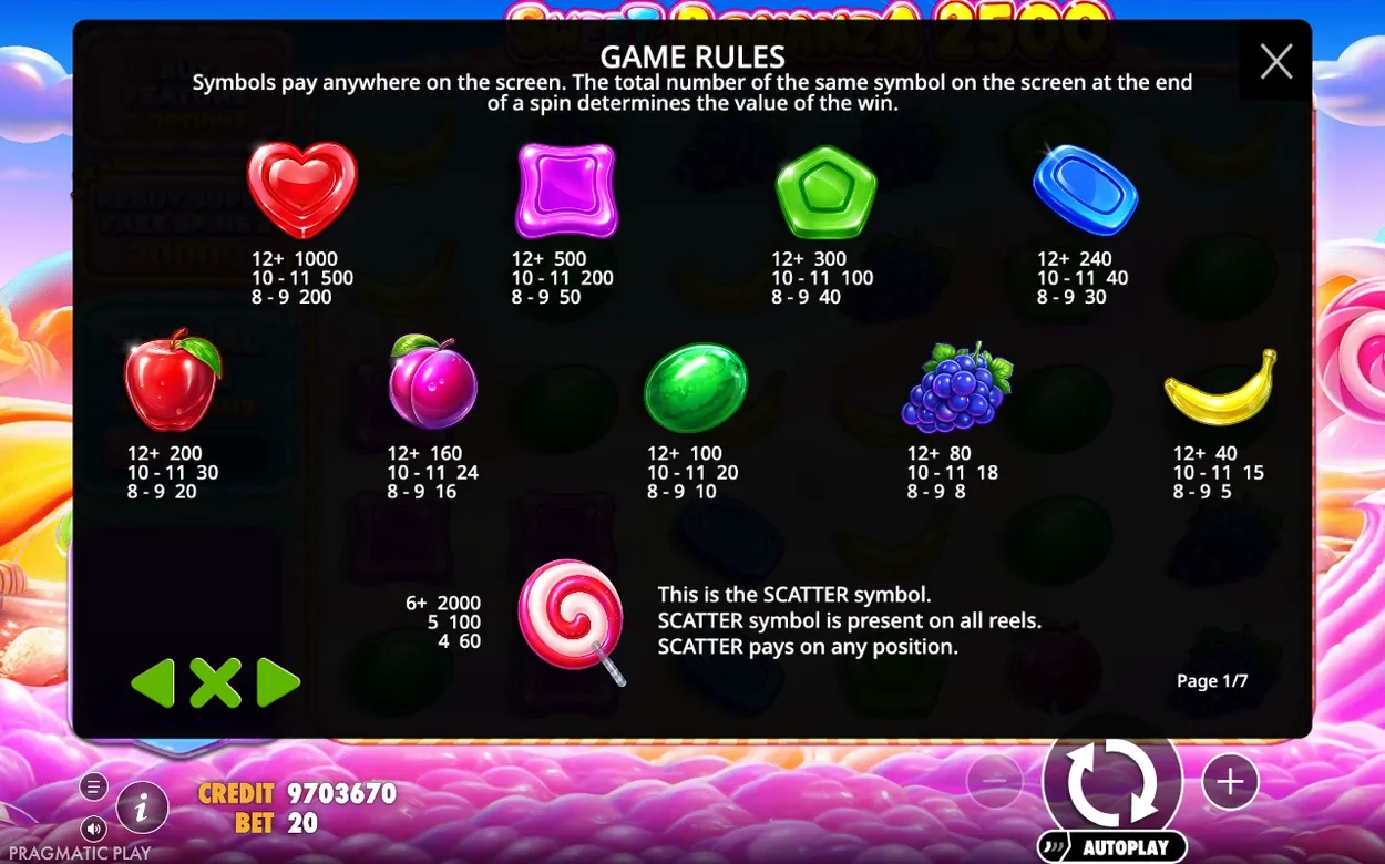 Regelsidan visas i myntvy med utbetalningar som 1000, 500 och 200 mynt per symbol, samt lollipop-scatterns regler.