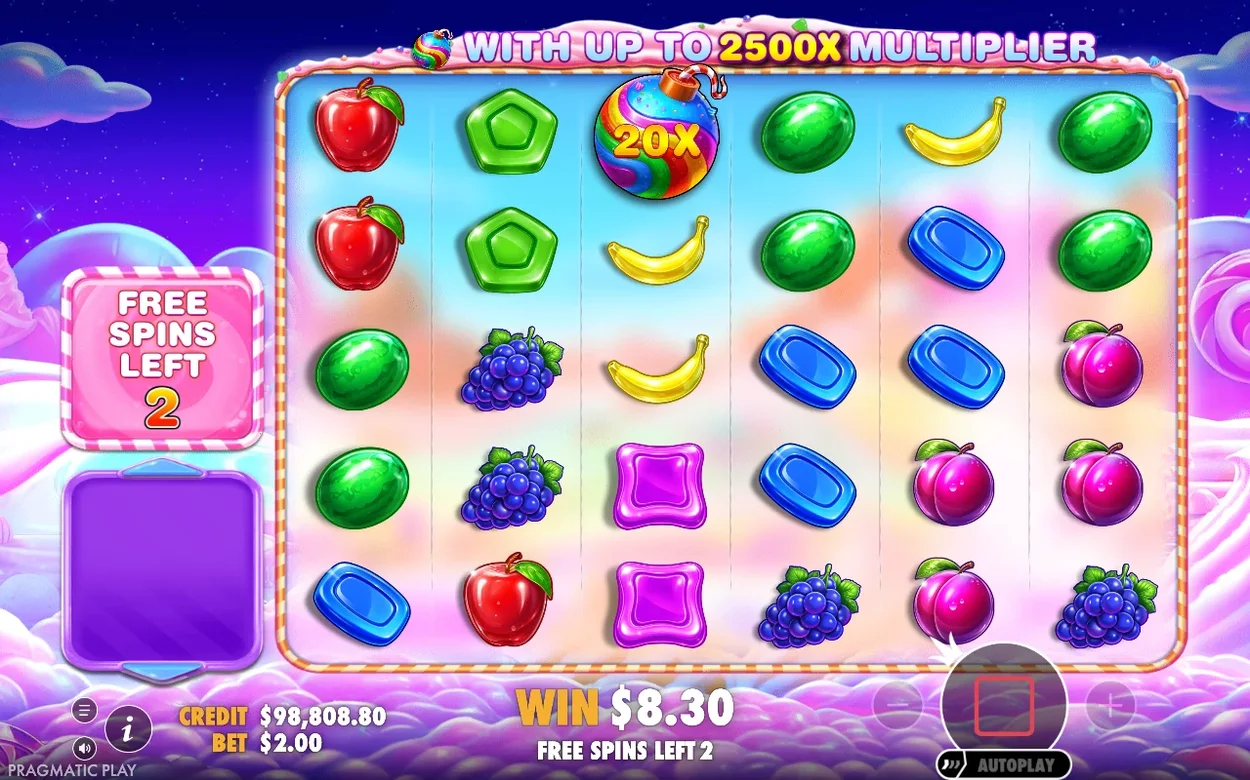 Free spins visar en gyllene 20X-multiplikatorbomb bland fruktsymbolerna, 2 spins kvar och vinst 8,30 dollar.