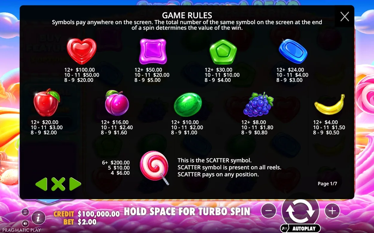Regelpopupen 'Game rules' visar poängtabellen i dollar för alla symboler samt scatter-symbolen lollipop, sida 1/7.