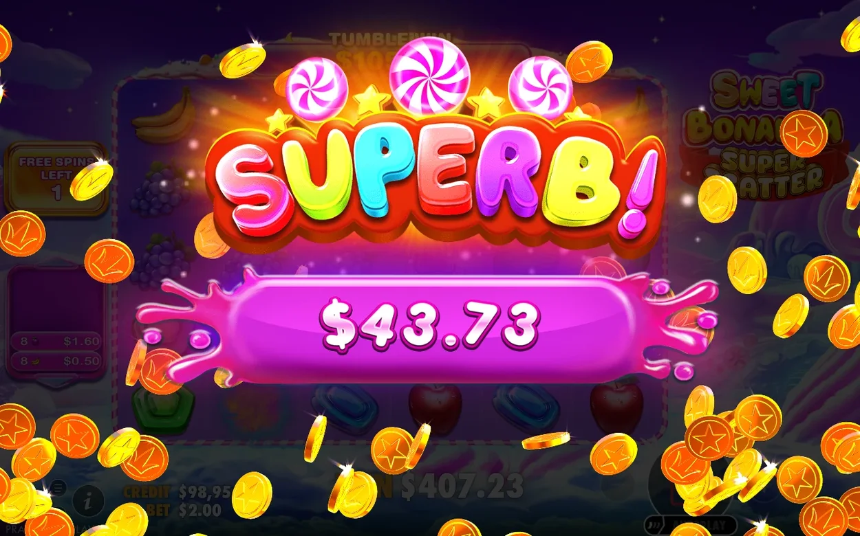 SUPERB-överlägg med vinstbeloppet $43.73, guldmynt regnar ner och free spins kvar visar 1.
