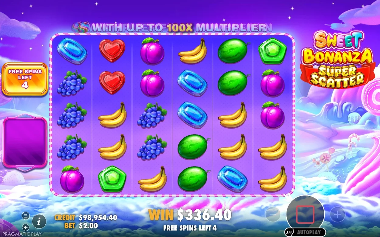 Free spins-läge med lila bakgrund, frukter och godis i rutnätet, FREE SPINS LEFT 4, vinst $336.40.