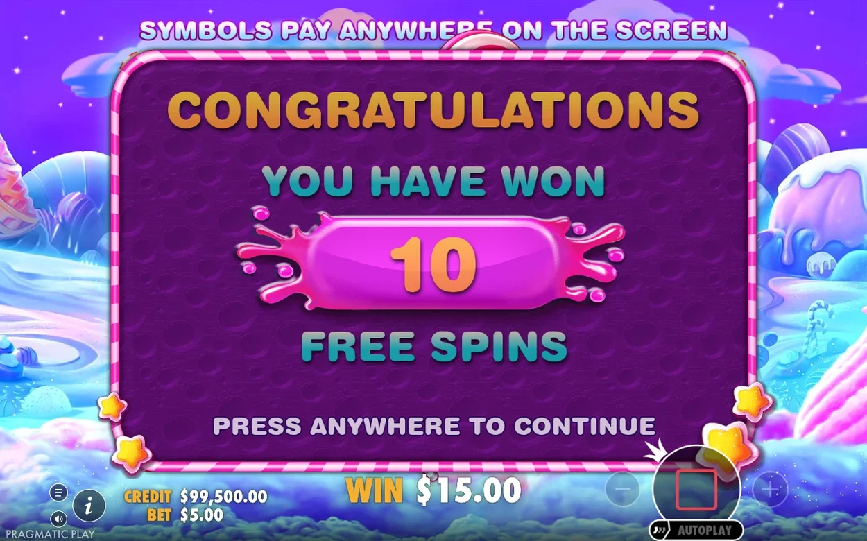 Lila segerruta: Congratulations, 10 Free Spins, vinst $15.00 vid insats $5.00 och kredit $99 500.