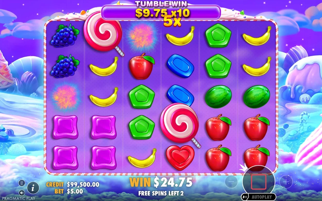 Under free spins syns Tumble Win $9.75 x10 med 5x multiplikator, vinst $24.75, 2 spinn kvar.